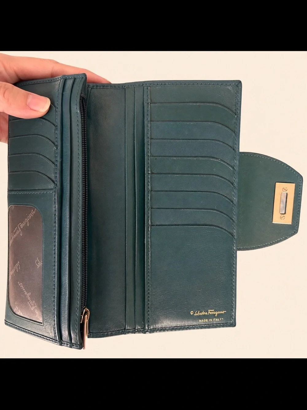 Salvatore Ferragamo PEACOCK Teal Leather Continental Wallet EUC